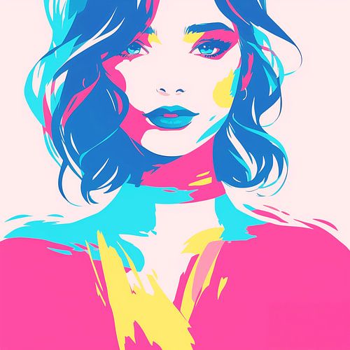 Colourful abstract woman portrait - pop art painting in pink, blue and yellow