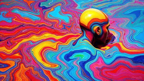 Man in de kleurenzee van bodypainting - een hoofd tussen zichtbaarheid en ontbinding, gedragen door regenboogstromen als symbool van transformatie en tijdloze identiteit