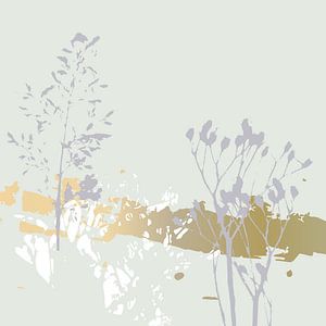 Botanische Pflanzen 18 . Gras und Pflanzen in Pastellfarben mit goldenen abstrakten Pinselstrichen von Dina Dankers
