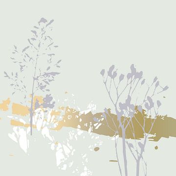 Botanische planten 18 . Gras  en planten in pastel kleuren met gouden abstracte penseelstreken van Dina Dankers