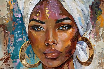 Afrikaanse vrouw met witte hoofddoek en gouden oorbellen van De Muurdecoratie