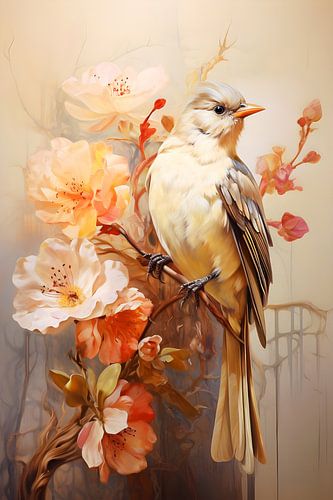 Vogel zwischen bunten Blumen