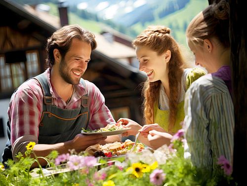 Alpine familiemaaltijd in de bloementuin