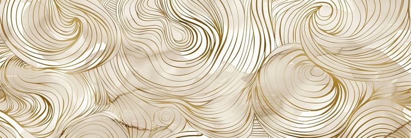 Beige and gold abstract art with lines as panorama wall decoration by Digitale Schilderijen