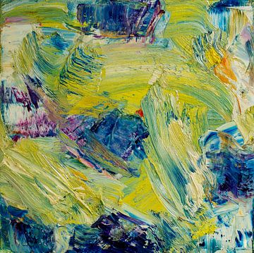 Abstract olieverf schilderij, geel, blauw, levendig paars, fris groen van BowiScapes abstract en digitale kunst