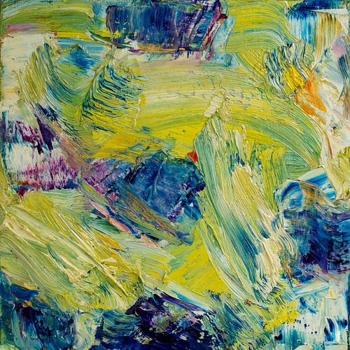 Abstract olieverf schilderij, geel, blauw, levendig paars, fris groen