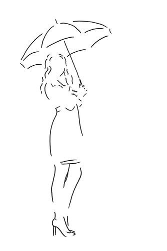 Staying dry while waiting (line drawing woman umbrella rain fall sexy lady black and white wet)