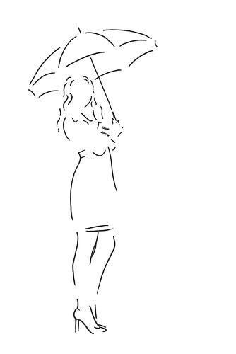 Droog blijven tijdens het wachten (lijntekening vrouw paraplu regen herfst sexy dame zwart wit nat)