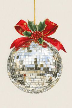 Aquarell-Illustration einer Weihnachts-Disco-Kugel mit roter Schleife und Stechpalme