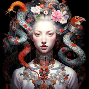 Frau Portrait Schlangen Blumen geheimnisvoll mystisch surreal
