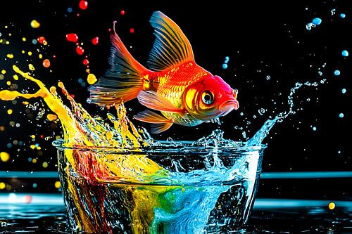 Poissons rouges et éclaboussures colorées