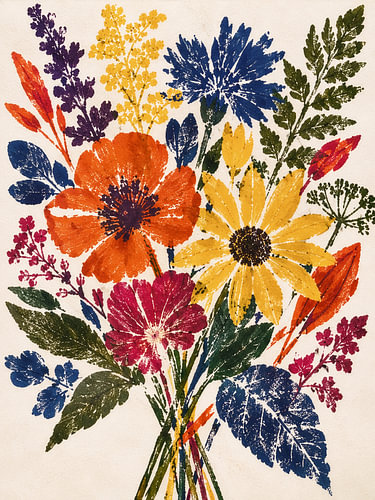 Houtsnede van een boeket wilde bloemen