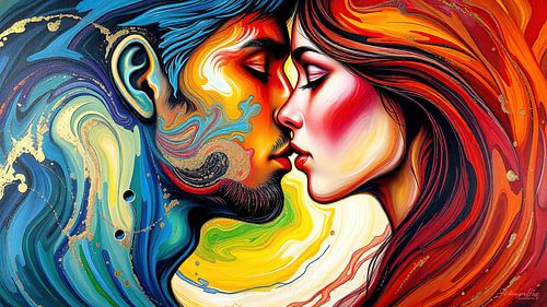 Kus geboren uit abstracte pigmenten: de kus van twee zielen in een dans van gouden licht, emotie en tijdloosheid