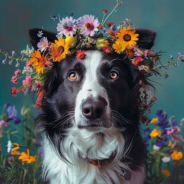 Border Collie mit Wildblumen von Marlon Paul Bruin