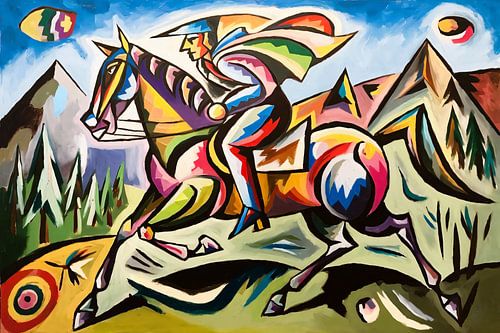 Kleurrijke abstracte ruiter op paard