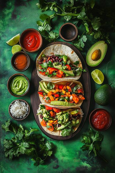 Bunte vegetarische Tacos mit Saucen von Poster Art Shop