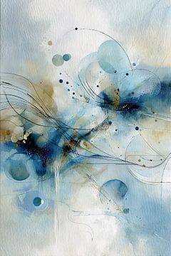 Blue abstract painting with gold and interplay of lines