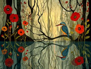 Der Eisvogel in der Reflexion der roten Blume