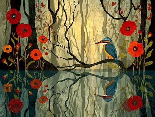 The Kingfisher in the Red Flower reflection