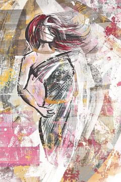 Semi abstract colourful artwork of a lady in the wind by Emiel de Lange