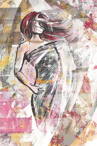 Semi abstract kleurig kunstwerk van een dame in de wind