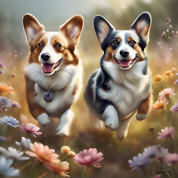 Cardigan Welsh Corgi spelend in een bloemenveld van Johanna's Art