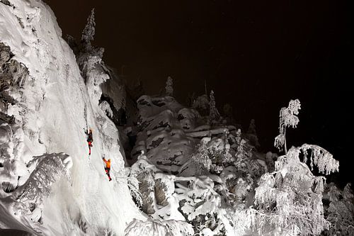 Ice climbing at night Finnish Lapland
