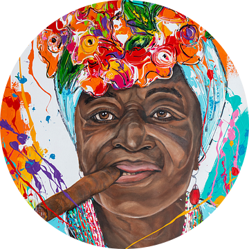 Cubaanse vrouw met sigaar I van Happy Paintings