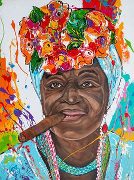 Cubaanse vrouw met sigaar I van Happy Paintings
