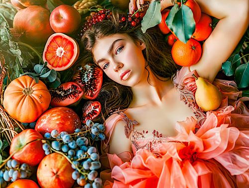 Vrouw liggend tussen fruit en bloemblaadjes