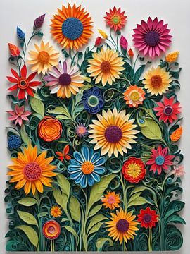 Papieren bloemen in een levendig kunstwerk