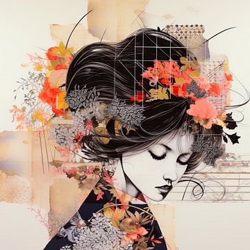 Weibliches Porträt im Stil einer japanischen Collage von Vlindertuin Art