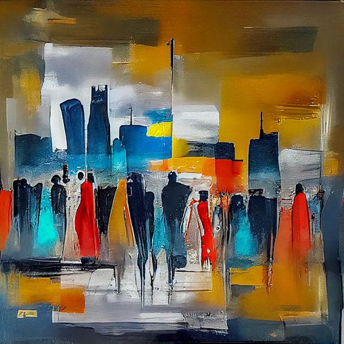 Schilderij Mensen Winkelen in een Stad