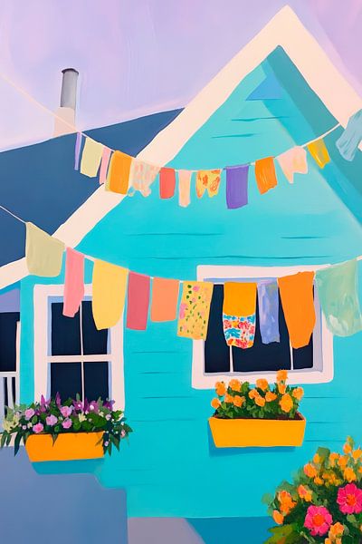 Colourful house with washing line - Cheerful by Poster Art Shop