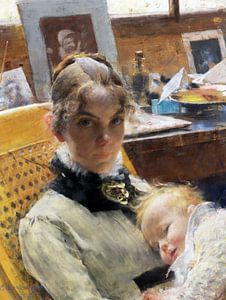 Carl Larsson, die Frau des Künstlers und ihre Tochter
