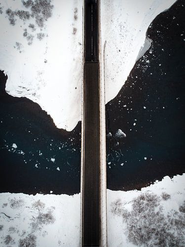 Drone shot of a frozen Iceland road