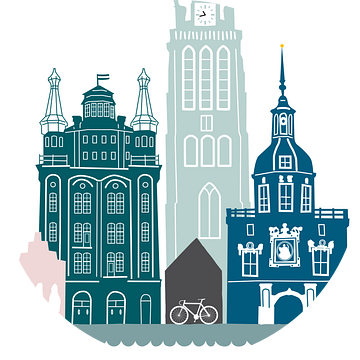 Skyline illustratie stad Dordrecht in kleur van Mevrouw Emmer