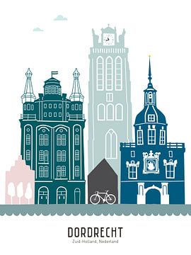 Skyline illustration city Dordrecht in color by Mevrouw Emmer