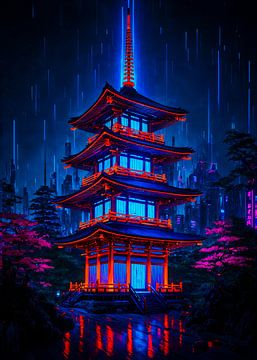 Japanischer Schrein Cyberpunk Pagode Anime