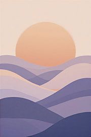 Abstrakte Landschaft mit ruhigem violettem Sonnenuntergang – moderne Wanddekoration mit geschichteten Wellen in Lavendel- und Pfirsich-Erdtönen von VICTOR S