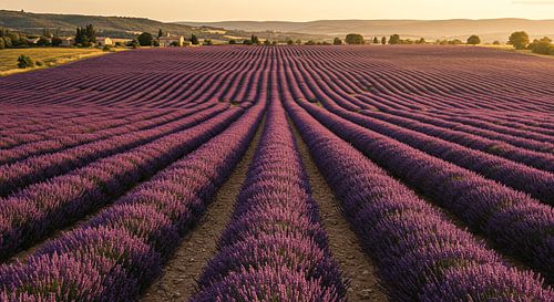 Rustig lavendelveld in het gouden ochtendlicht