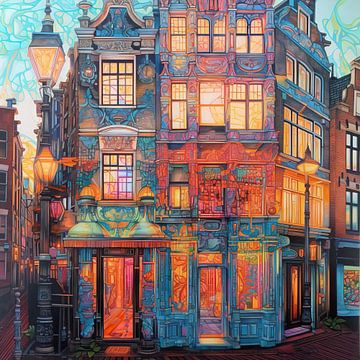 Amsterdams Winkeltje Kleurrijk Bij Avond van ARTEO Schilderijen