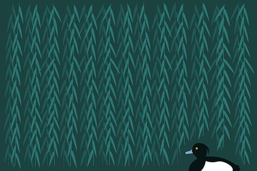 Reiherente unter Weidenzweigen