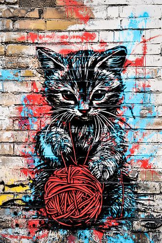 Graffiti kat met wol bol