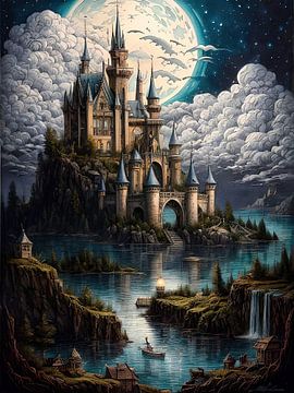Un château de conte de fées à la pleine lune sur Retrotimes