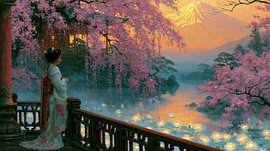 Geisha in Japan bei Sonnenuntergang über dem Fuji von Egon Zitter