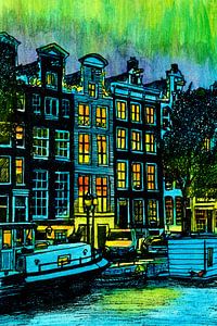 Aquarell Malerei Brouwersgracht Amsterdam Blaue Stunde