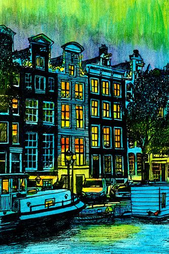 Aquarel Schilderij Brouwersgracht Amsterdam Blauwe Uur
