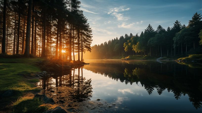 Sonnenuntergang über dem Fluss in der Waldlandschaft von Animaflora PicsStock