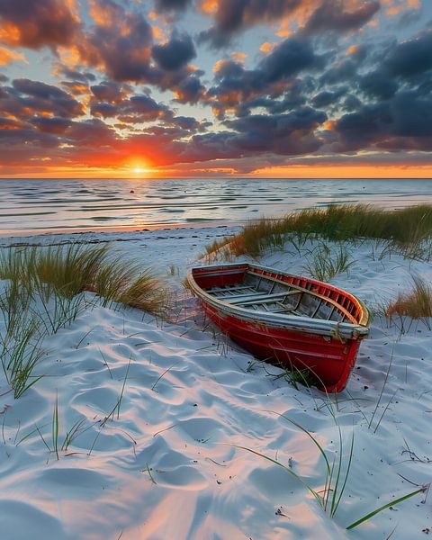 Glühendes Boot am Strand von fernlichtsicht